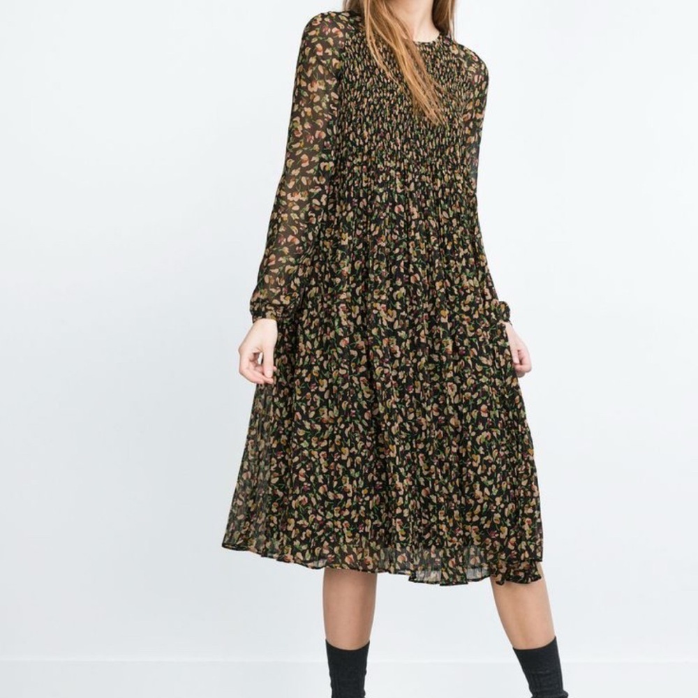 Zara - Floral Colorful Print Long Sleeve See Thru Midi Dress Size Medium